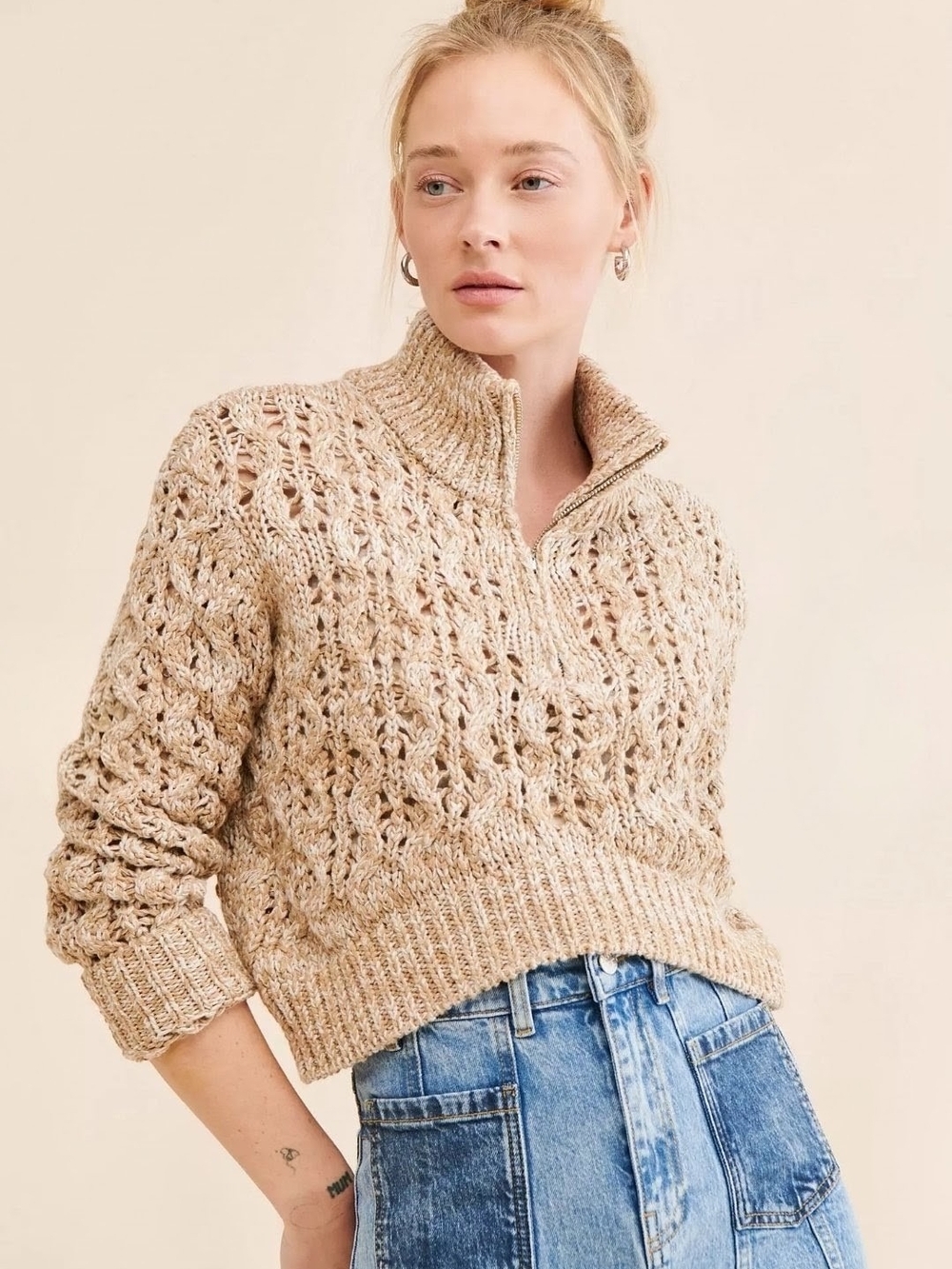 BDG Urban Outfitters Killian Quarter-Zip Pointelle Tan Knit Sweater Neutral M